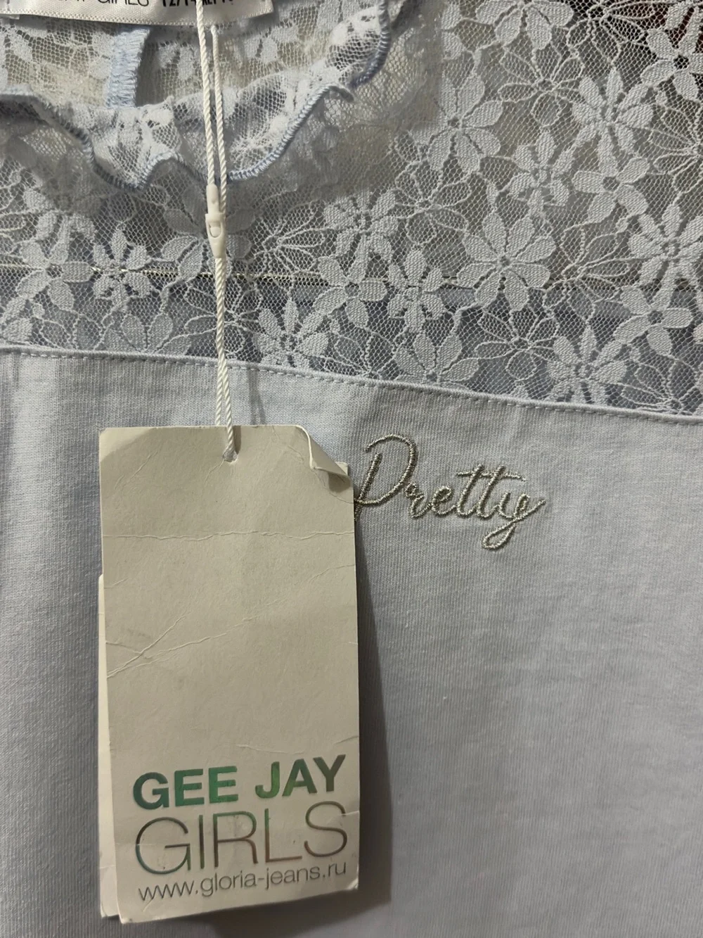 Gee Jay Girls | NWT 100% Cotton Light Blue Lace Yoke Top Ruffle Neck Tee (12–14Y
